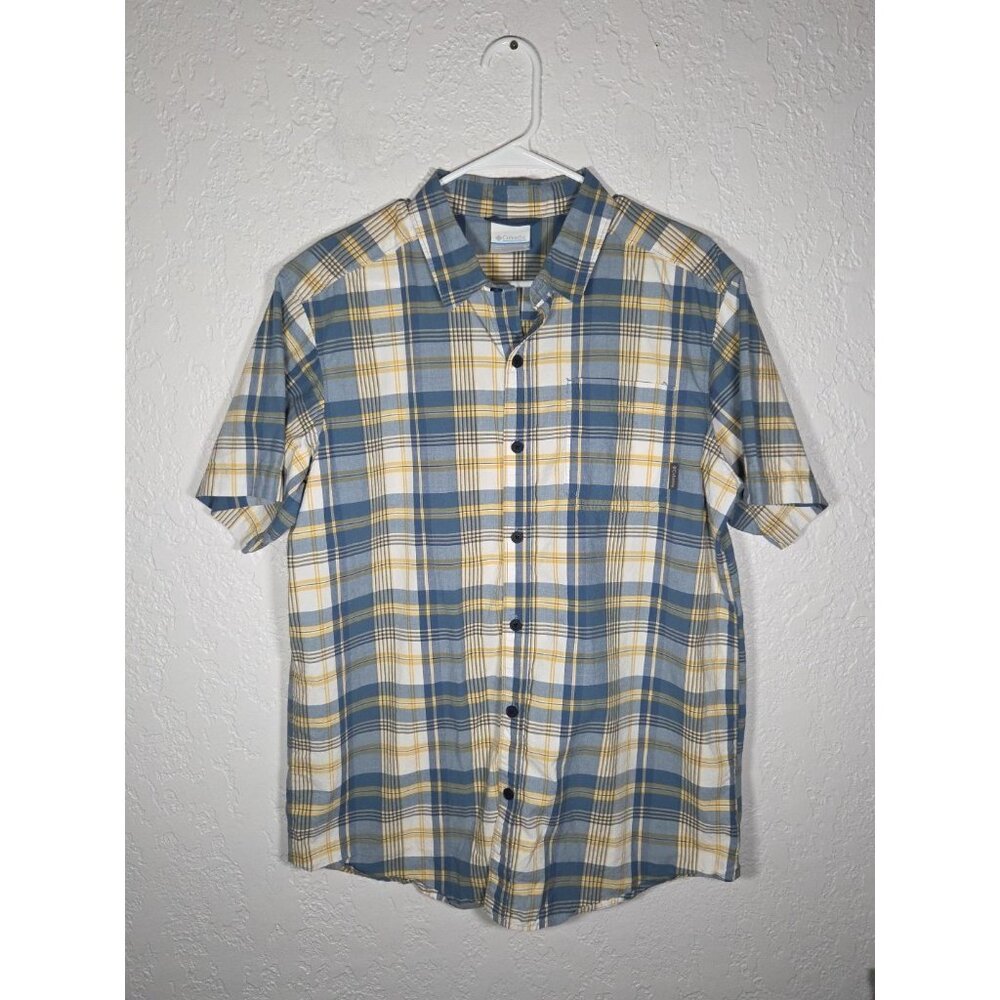 Columbia Shirt Mens Medium Blue Yellow Plaid Short Sleeve Button Down Cotton